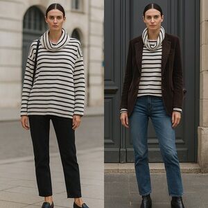 Hearts of Palm Cream and Black Striped Cowl Neck Sweater